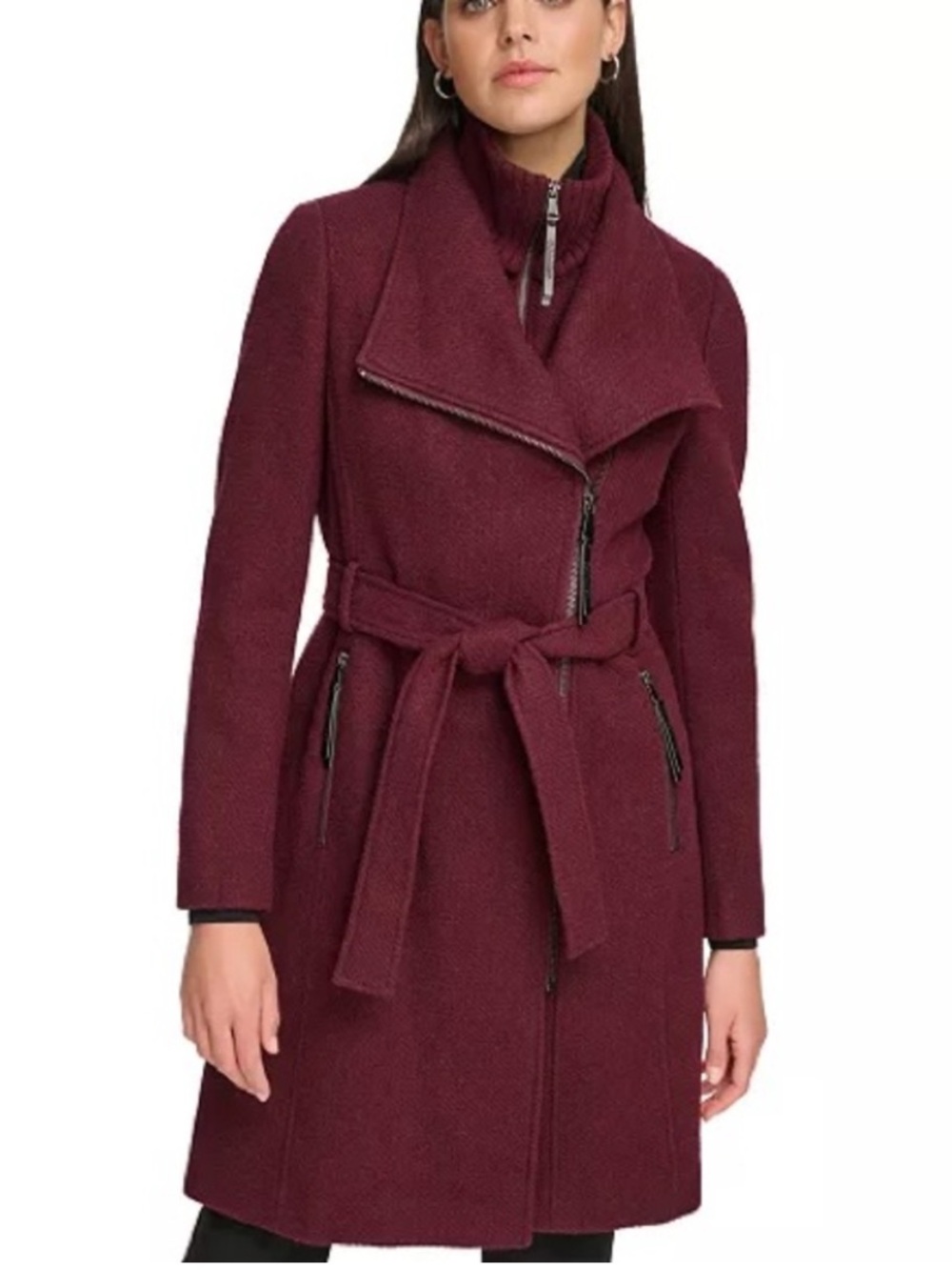 Calvin Klein Cowl Neck Burgundy Maroon Wool Coat Trench Belted Classic Layered
